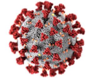 疾病预防控制中心的新型冠状病毒肺炎。病毒插图显示球形病毒粒子上的红色尖峰